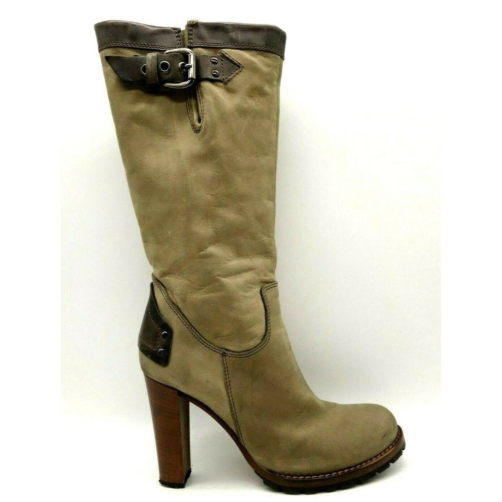 Manas Lea Foscati Brown Leather Zip Up Buckle Block Heel Boots Women's 37 / 7
